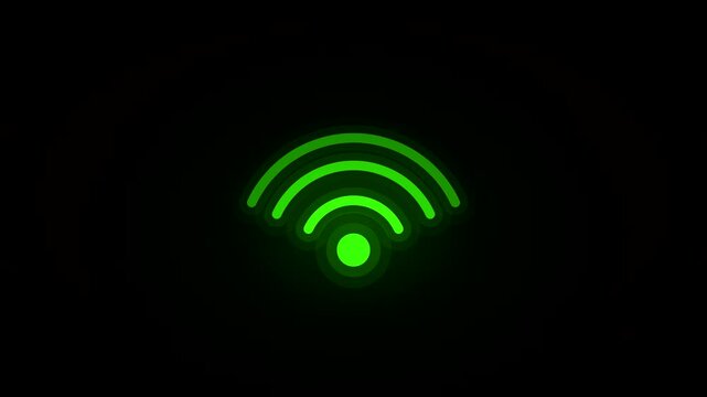 Glowing Green Neon Wifi Wireless Internet Signal Wave Pulsing Icon Animation on Dark Black Background