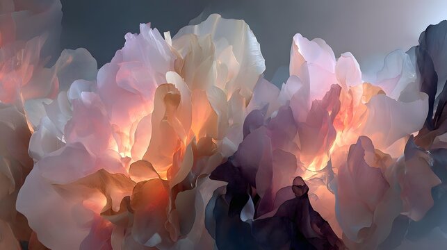 waves resembling inflated fabric, creamy white, pale gold, blush, gray, and beige tones, luxurious folds, dimensional texture