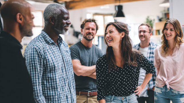 Business team of men and women standing in a modern office, smiling in conversation. Informal standing meeting, teamwork and workplace culture