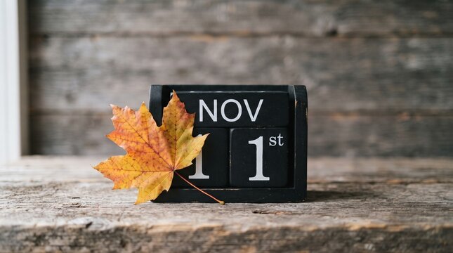 Wooden calendar displaying november first with bright orange autumn maple leaf resting on rustic surface showcasing seasonal mood cozy atmosphere indoor photography closeup view