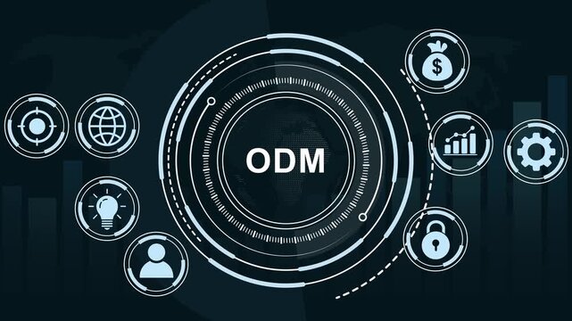 Dynamic odm original manufacturer concept featuring animated digital hud interface with global business financial growth charts, and secure data network connectivity for corporate presentations