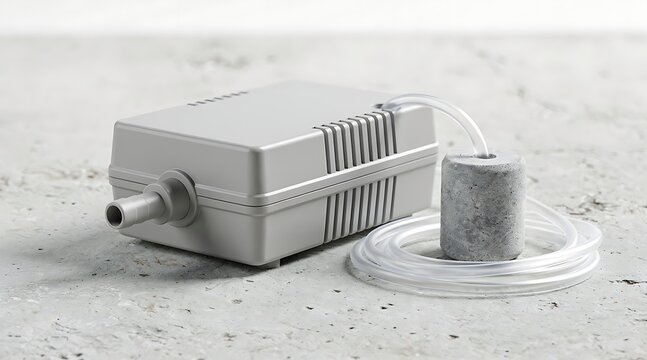 Professional Grey Aquarium Air Pump Kit with Flexible Transparent Tubing and Porous Air Stone Bubbler on Grey Textured Background, Essential Equipment for Fish Tank Oxygenation and Hydroponics