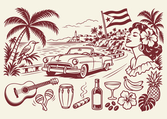 Vintage Cuban scene with classic car tropical beach and cultural icons retro illustration for travel and lifestyle themes © Ghaffar.Arts