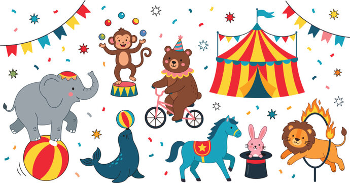 Cute circus animal performers vector elements set. Big top tent, juggling monkey, cycling bear, elephant balancing on ball, lion fire hoop.