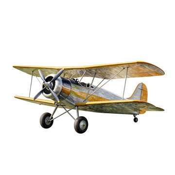Classic biplane airplane with metal and wood fuselage and two wings