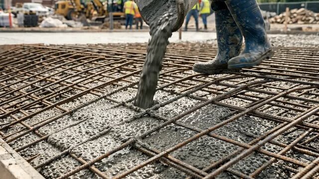 Close-up view of wet concrete being poured from a chute onto a dense steel rebar grid at a construction site. Workers are visible in the background, indicating active site development