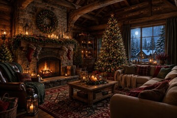 Obraz premium Cozy rustic Christmas living room with fireplace and tree