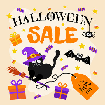 Cute Halloween sale banner with black cat in witch hat on broom, price tag, gift boxes, bat, spider, candies, and stars. For autumn promo shopping design. Vector illustration