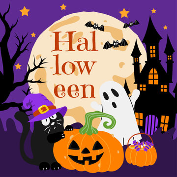 Cute Halloween poster with black cat in witch hat, cute ghost, jack o lantern pumpkin, candy basket, bats flying, haunted castle, and full moon on starry purple night sky. Vector illustration