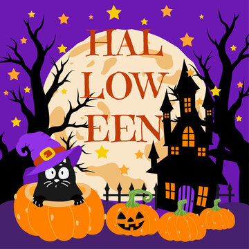Cute Halloween background with black cat in witch hat inside pumpkin, haunted castle, jack o lanterns, spooky trees, and full moon on starry purple night sky. Vector illustration