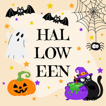 Cute Halloween greeting card with black cat in witch hat stirring cauldron potion, ghost, jack o lantern pumpkin, flying bats, spider on web, and colorful stars. Vector illustration