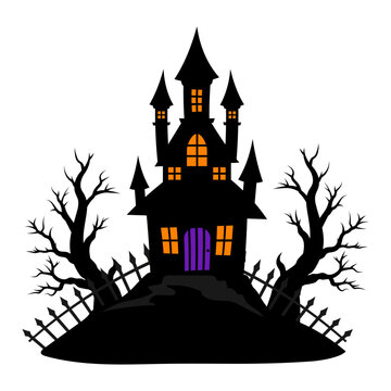Spooky Halloween haunted castle silhouette on hill with glowing orange windows, purple door, bare dead trees, and wooden fence isolated on white background. Vector illustration