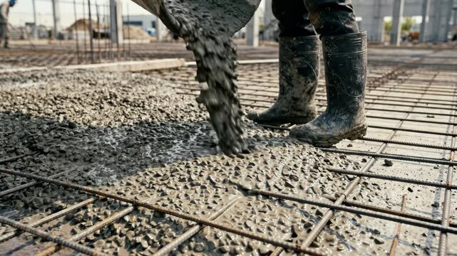 Construction worker in rubber boots pours wet concrete from a chute onto a steel rebar grid, demonstrating foundation building. Industrial construction activity