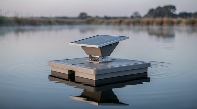 Floating Solar Powered Monitoring System and Automated Device on a Calm Lake or Pond Surface at Dawn, Innovative Sustainable Technology for Water Quality Management and Environmental Research