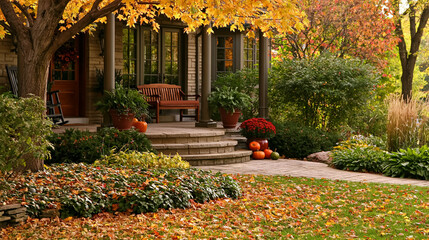 Fototapeta premium Traditional house front porch decorated for autumn with pumpkins and chrysanthemums, surrounded by vibrant fall trees