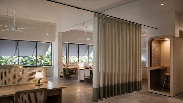 Wooden desks and chairs occupy a bright room with large windows, a beige curtain divider, and a wooden privacy booth with a stool
