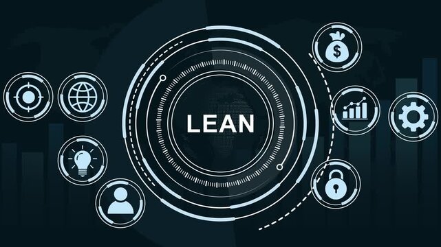 Dynamic lean methodology digital hud interface featuring animated business global strategy optimization, corporate efficiency growth, data analytics, and modern financial management infographic