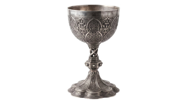 An ornate silver goblet with intricate designs on transparent background