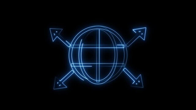 Glowing neon globe arrows animation on black background digital technology concept.4k animation