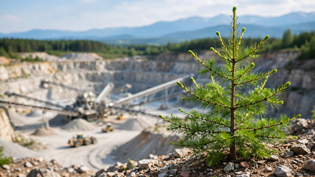 Young pine tree sapling growing near edge of active open pit quarry mine with mountains behind