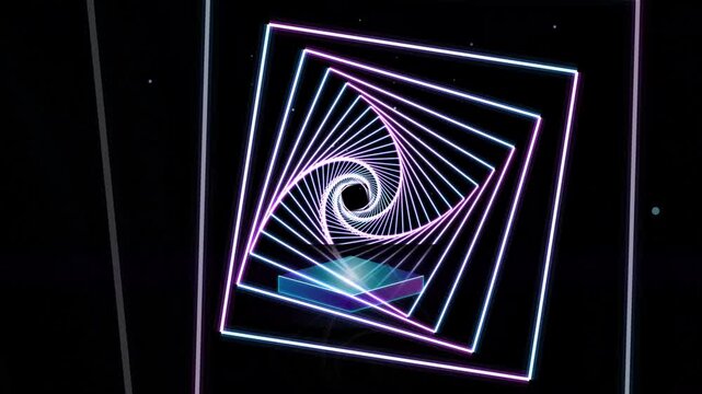 Abstract digital tunnel with glowing neon square frames and a central light portal