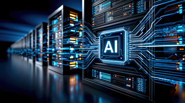 AI data center server rack with glowing circuit connections and central processor, futuristic digital infrastructure and neural compute energy