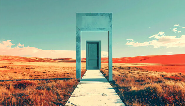 Freestanding door frame with closed door alone in wide empty field with narrow paper path leading up in surreal collage generative AI