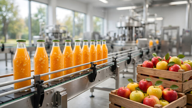 Apple juice bottles on conveyor belt with wooden crates of fresh apples in bright production factory