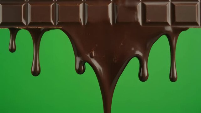 Melted dark chocolate sauce dripping down from a solid cocoa bar against a chroma key green background for creative editing