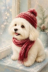Obraz premium White fluffy dog wearing red knit hat and scarf in snowy scene