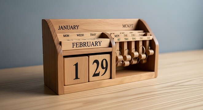 Vintage wooden calendar showing february 1st and 29th with lever mechanism