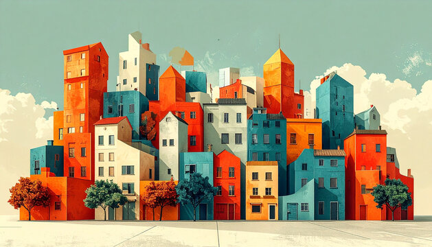 Whole city block folded flat like origami standing upright on plain with streets and roofs creased into sharp planes and one corner unfolding generative AI