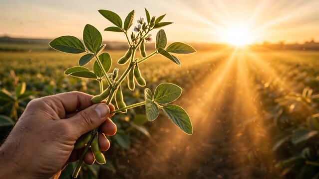 Soybean plant held in farmer hand during sunset over agricultural field