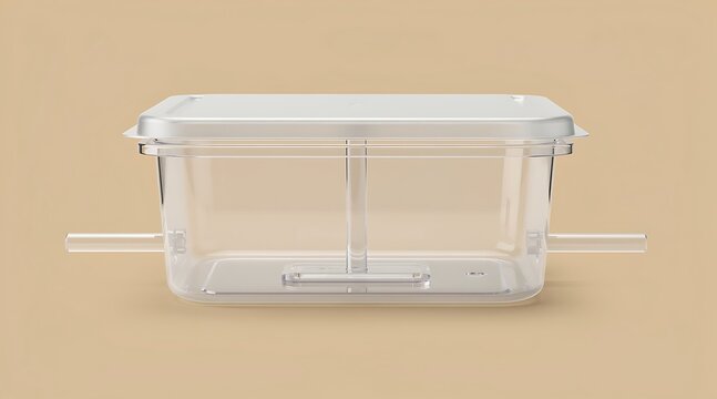Transparent plastic storage container with lid and side handles for home organization and pantry storage, isolated on a neutral beige background for minimalist product display and utility use.