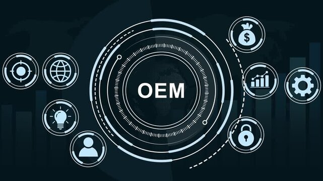 Advanced oem original equipment manufacturer digital interface concept featuring animated hud global business network connectivity, financial growth analytics, and industrial technology integration