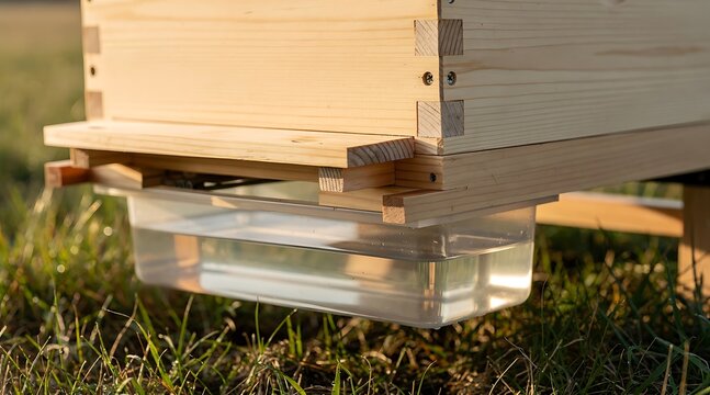 Close-up of a wooden beehive box with a transparent plastic water feeder or sugar syrup container installed at the bottom entrance, sitting on green grass in a sunlit apiary field.