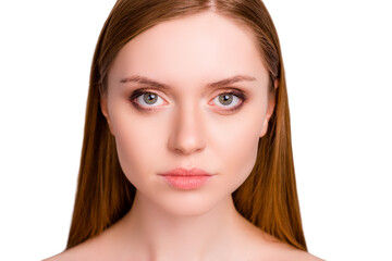 Obraz premium Close up portrait of charming pretty attractive stunning gorgeous delicate sensitive sensual tender gentle with flawless smooth skin perfect face features isolated on gray background