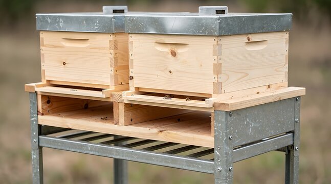 Two professional wooden beehives for honey production placed on a sturdy metal stand in an outdoor apiary, showcasing sustainable beekeeping practices and the natural environment of honeybees.