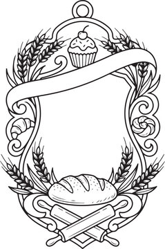 Bakery Label Frame Shows Bread Pastry Cupcake Wheat Grain Roll Food.