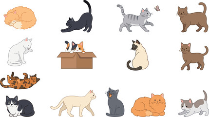 Obraz premium Cute Christmas Cat and Winter Holiday Celebration Element Cartoon Clipart Vector Icon Set