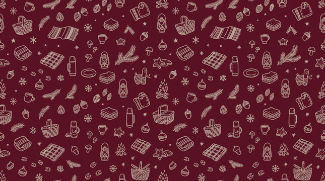 Cozy autumn camping seamless pattern with cute hand-drawn doodles on dark red background