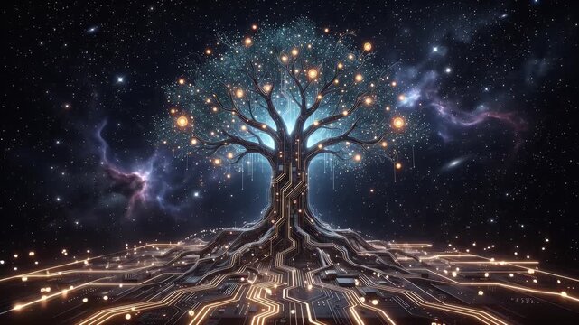 Digital tree of life a glowing circuit board tree with data streams and luminous particles, rooted in a cosmic motherboard under a starry sky
