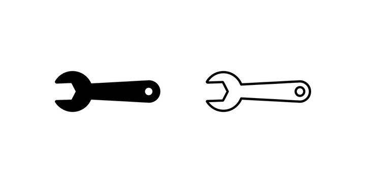 Industrial wrench tool icons in filled and stroke style on png grid.