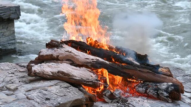 Close-up of a Hindu Antyesti funeral pyre burning beside a fast-flowing sacred river, charred wooden logs covered with pale ash and glowing embers while orange flames rise near stone steps, solemn cre
