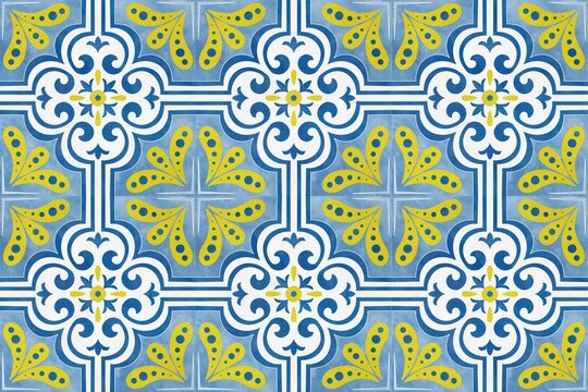 Blue, white and yellow tiles form a repeating ornamental pattern with floral rosettes, curved details and geometric shapes across a decorative ceramic surface