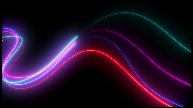 Abstract glowing neon wave lines moving background. t digital data wave background. Red, blue, cyan, purple color glowing neon wavy lines from left to right corner. 4k