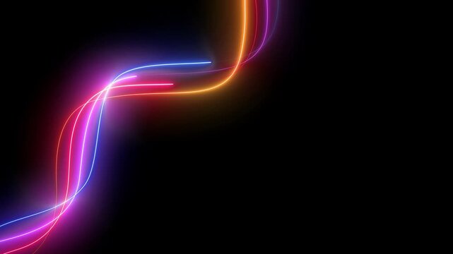 Digital neon line data flow wavy background. Abstract glowing neon waves of digital data streams with particles moving in sync on black background. 4k