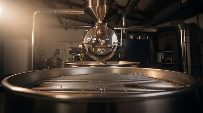 Professional Industrial Coffee Roaster Machine with Large Stainless Steel Cooling Tray in a Modern Specialty Coffee Roastery Facility for High Quality Bean Production and Manufacturing
