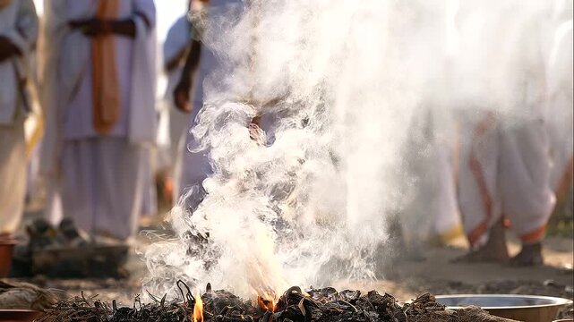 Close-up of a Hindu Antyesti funeral pyre burning beside a fast-flowing sacred river, charred wooden logs covered with pale ash and glowing embers while orange flames rise near stone steps, solemn cre