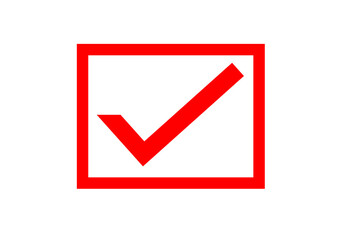 Simple red check mark inside a red outlined square checkbox, representing approval, confirmation, selection, completion, correctness, and accepted status. Clean minimal design suitable for websites. © Jivikasourceoflife